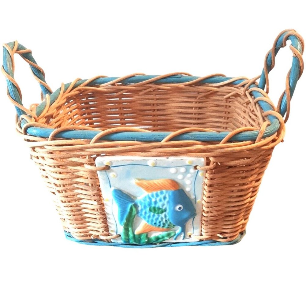 Vtg Wicker Basket Handles 3D Ceramic Tile Fish Blue Trim Kitchen Storage Easter